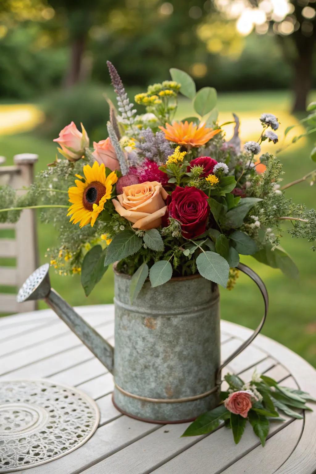 An energetic combination of roses and garden flowers delivers a lively arrangement.