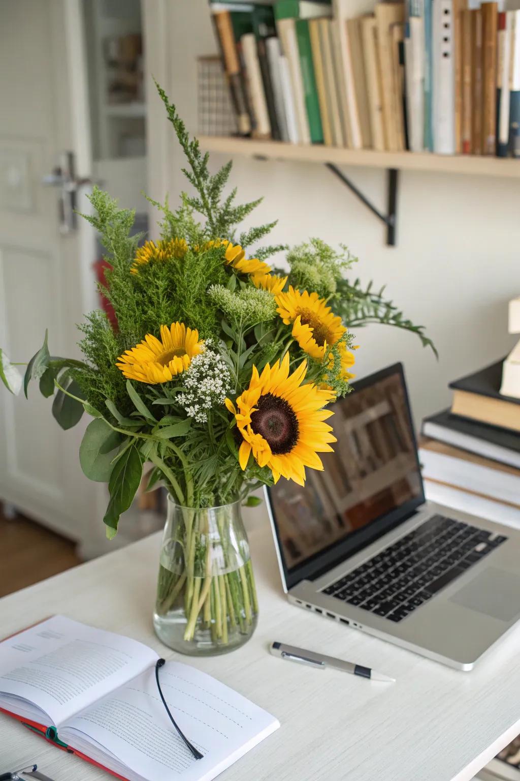 A refreshing sunflower and greenery arrangement ideal for a workspace.