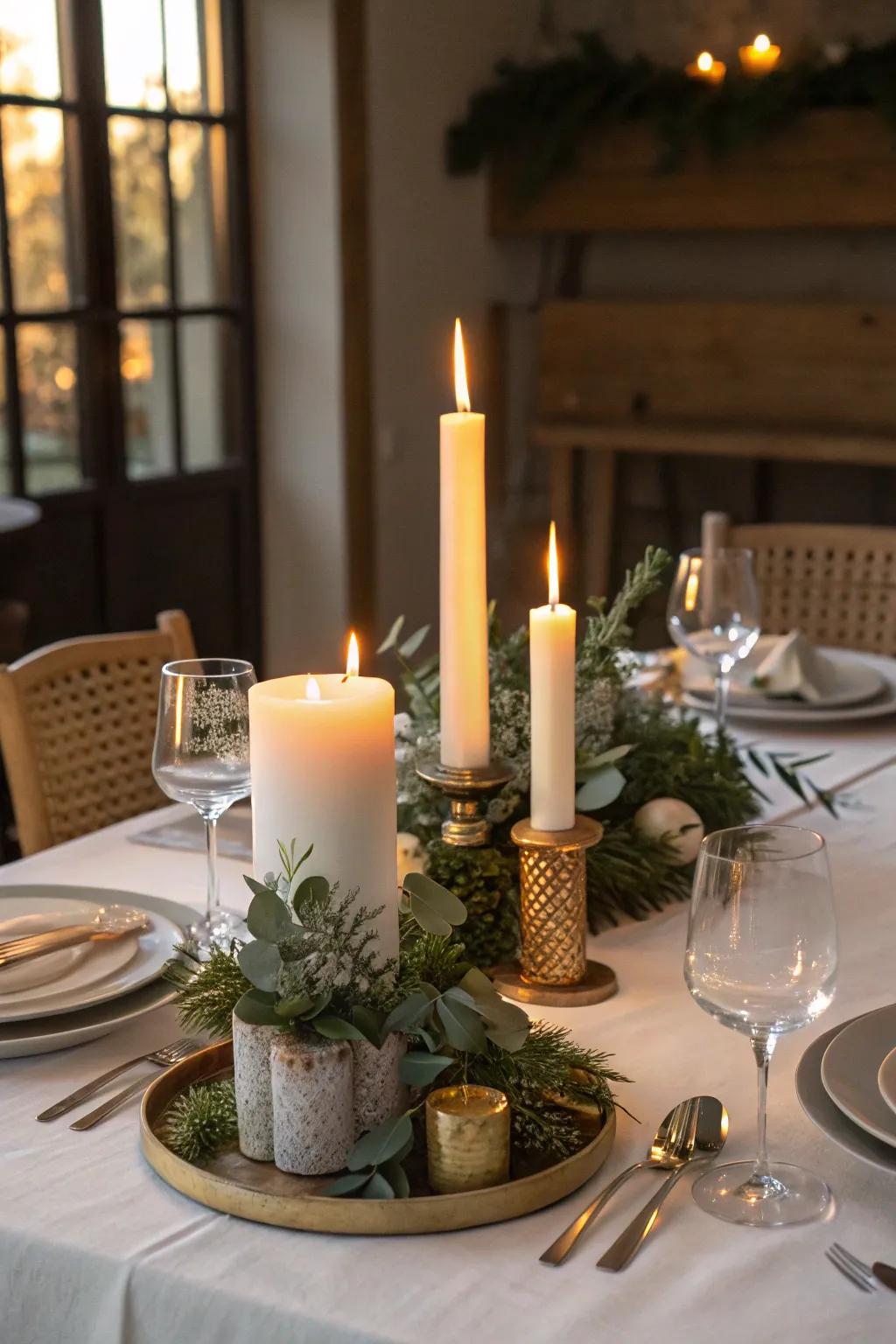 Candles in varying heights make a glowing table center.