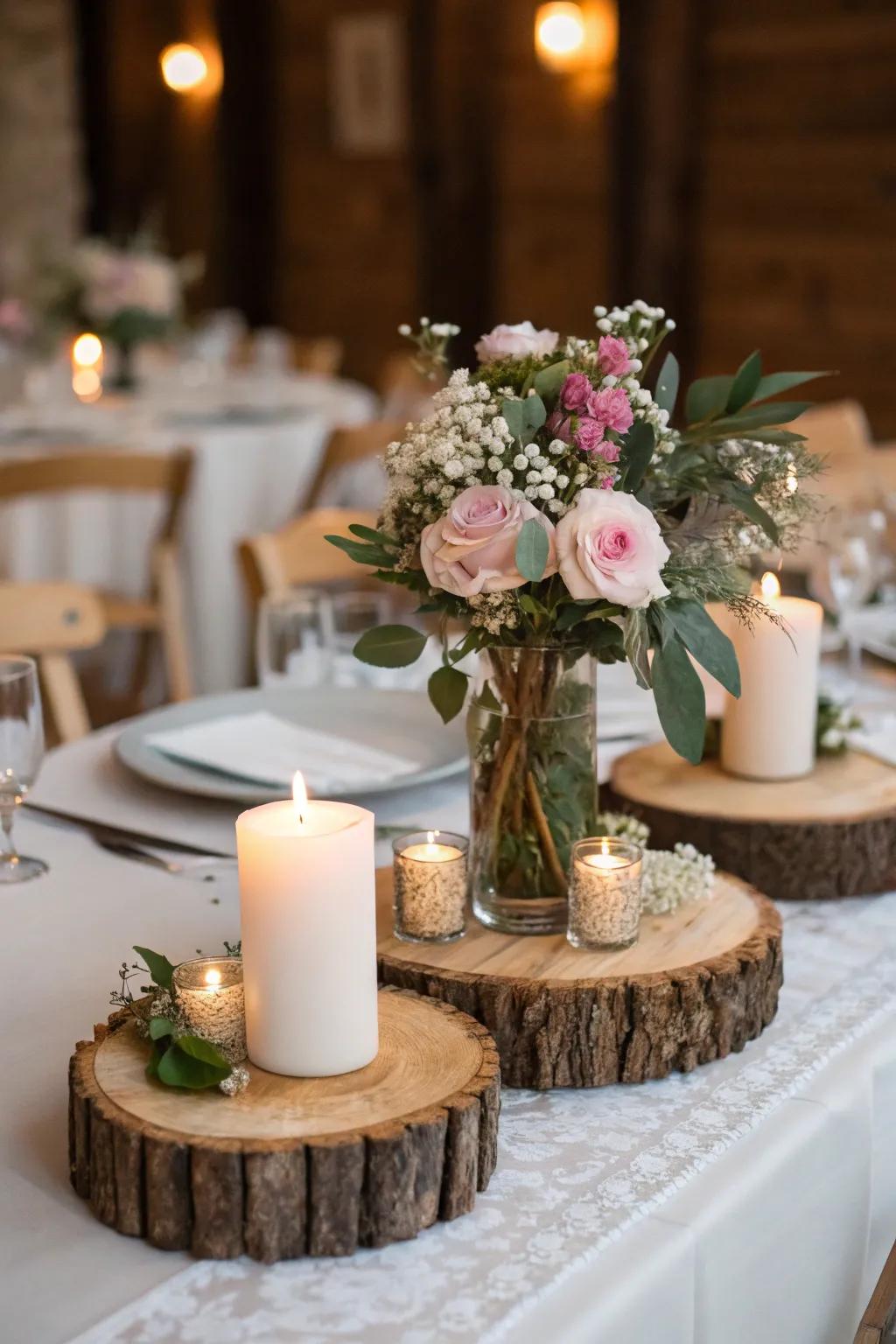 Timber pieces contribute a rustic appeal to the wedding design.