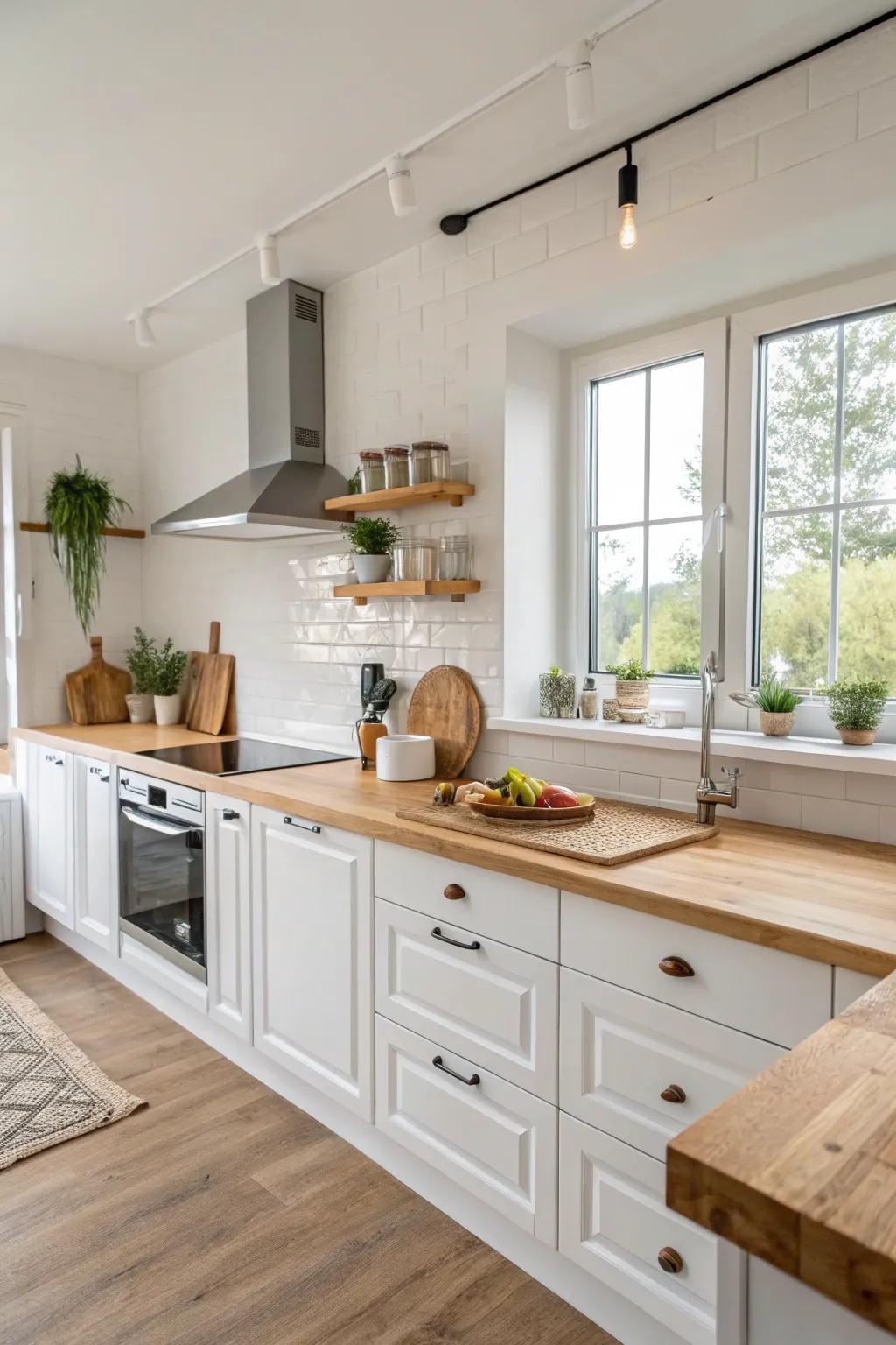 Wood elements add warmth to a mostly white kitchen.
