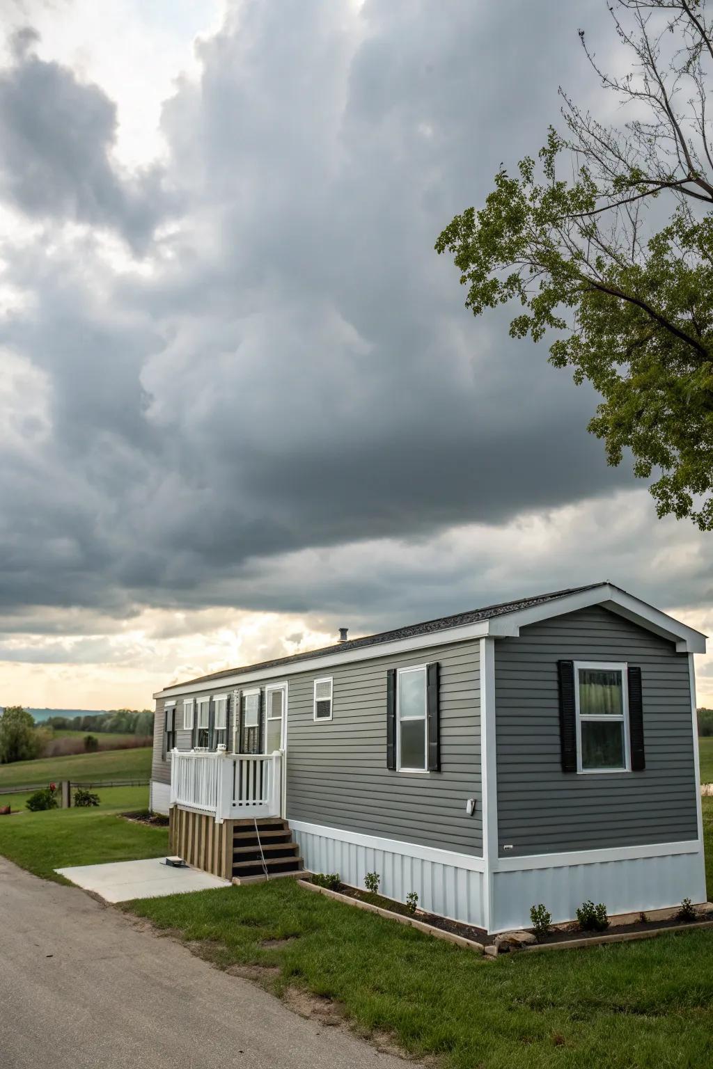 Sleek grays deliver a contemporary, refined aesthetic for your mobile home.