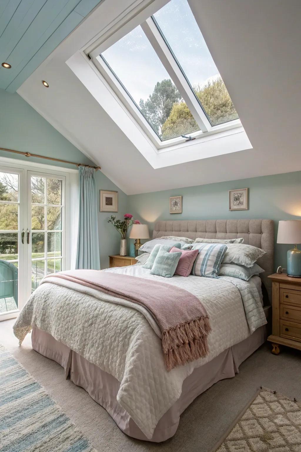 A peaceful bedroom gently illuminated by a skylight.