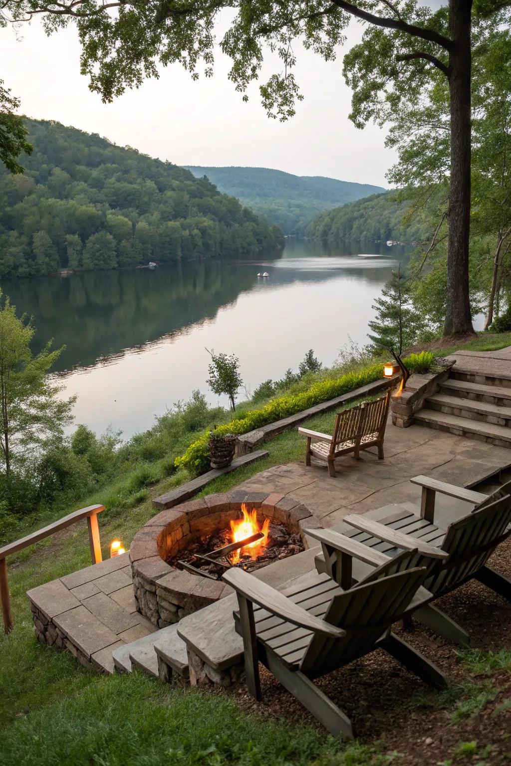 A peaceful seating area by the lake is perfect for relaxing.