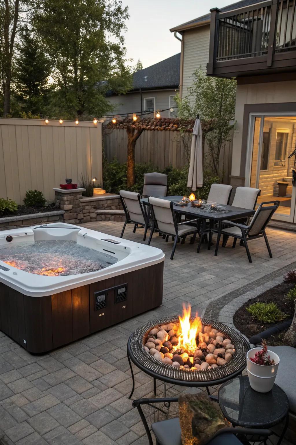 An outdoor hot tub space featuring a fire pit and a dining configuration, ideal for gatherings.