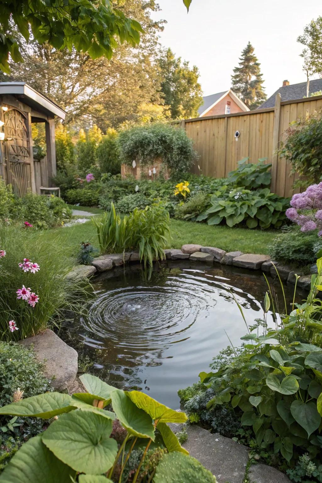 Lush greenery surrounds a small pond, creating an organic aesthetic.