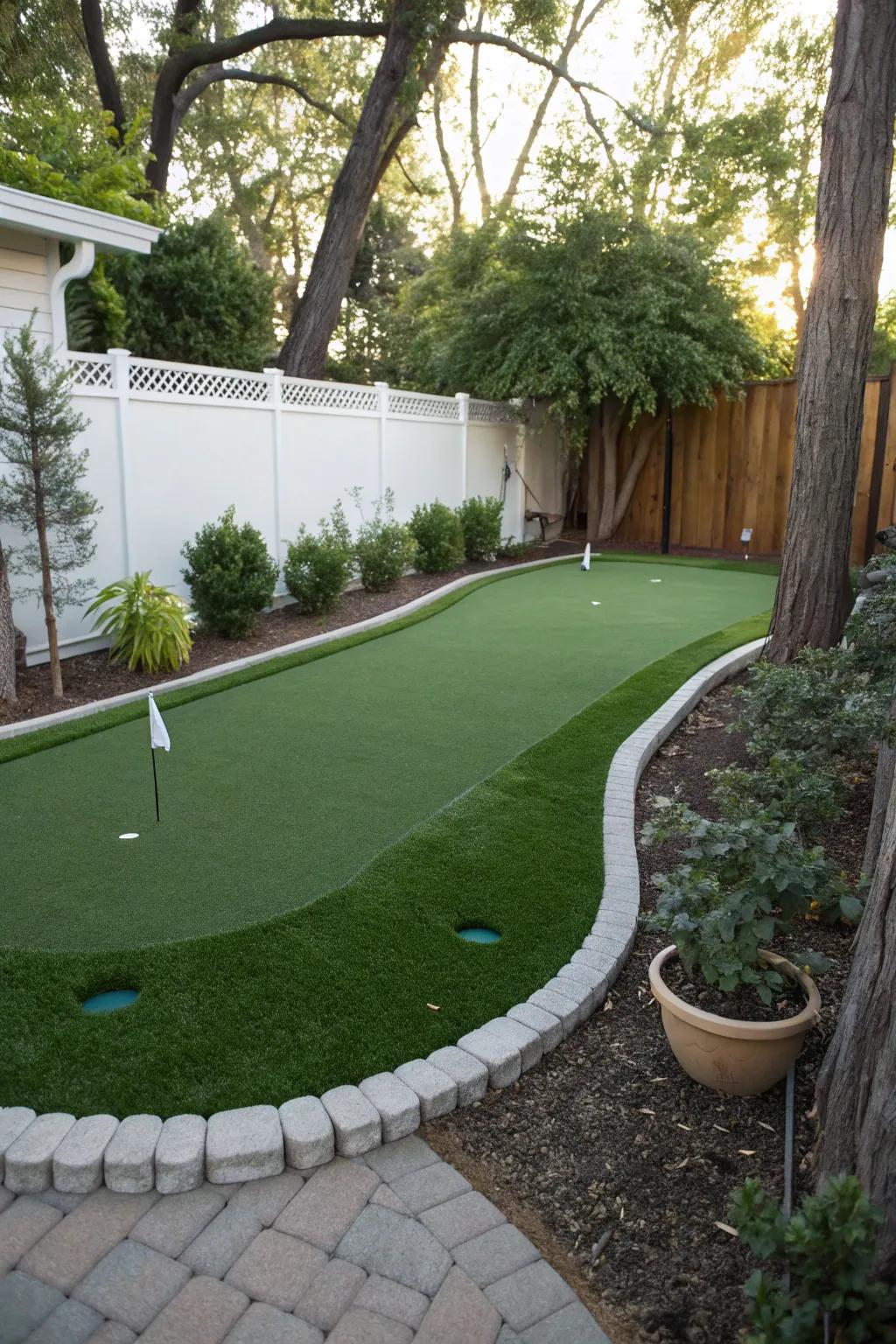 A small putting green featuring lush, low-maintenance artificial turf.