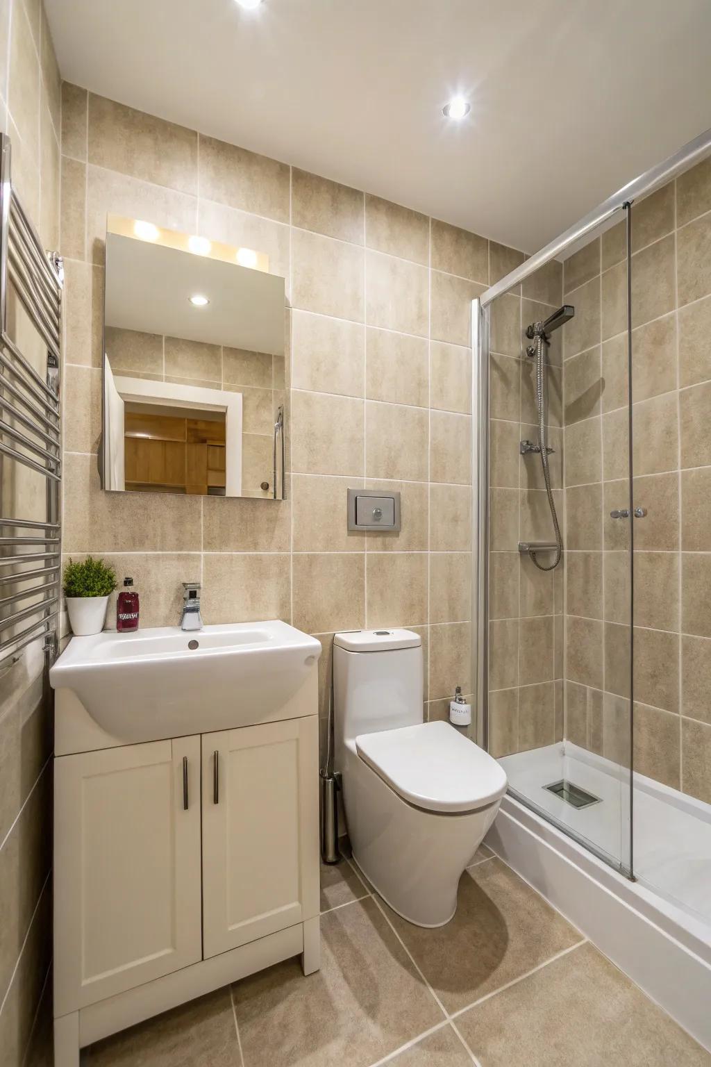 Floor-to-ceiling tiles introduce height and uniformity to small bathrooms.