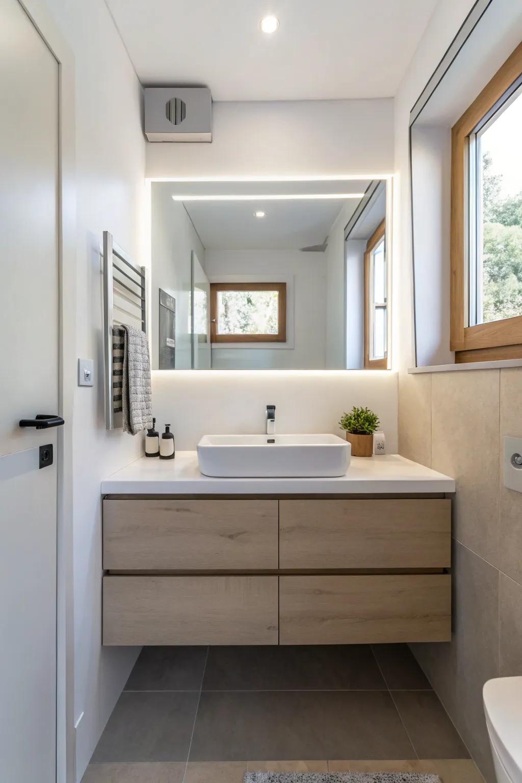 A floating storage improves area in a small bathroom.