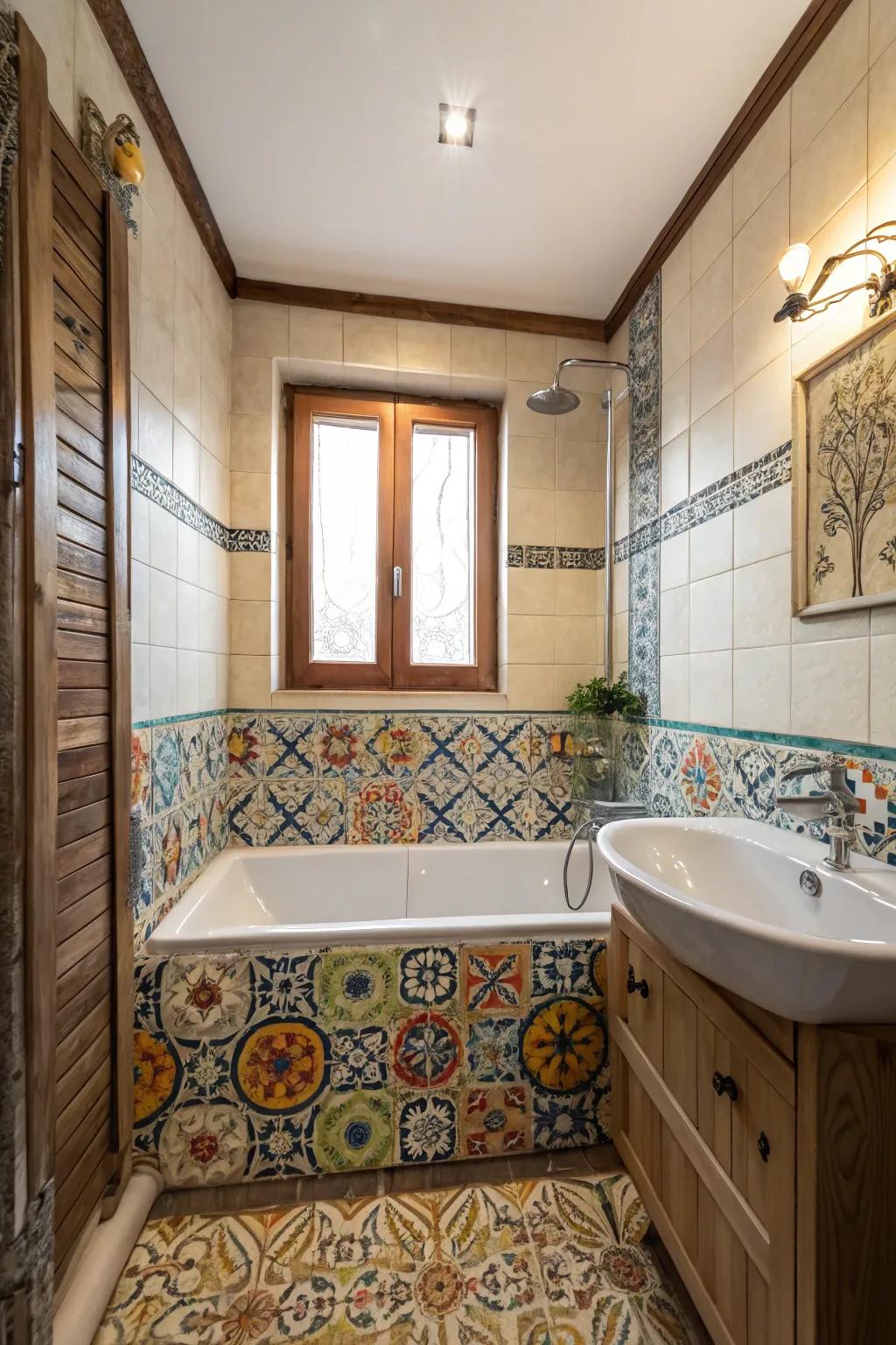 Ornamental tiles add character to a small bathroom.