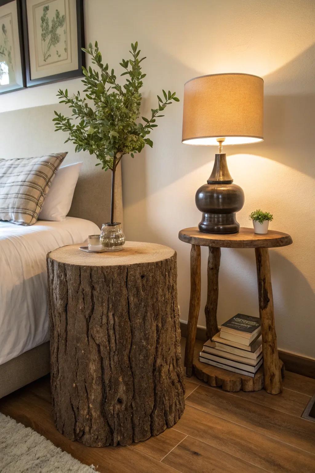 A tree stump adds natural beauty as a bedside table.