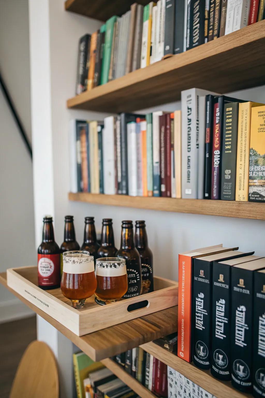 Bookshelf featuring an integrated beverage display for a literary twist.