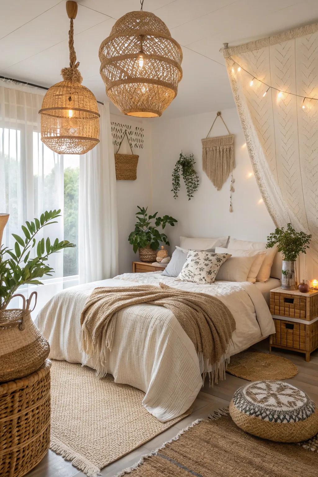 Rattan and woven decorations contribute a bohemian impression to this compact bedroom