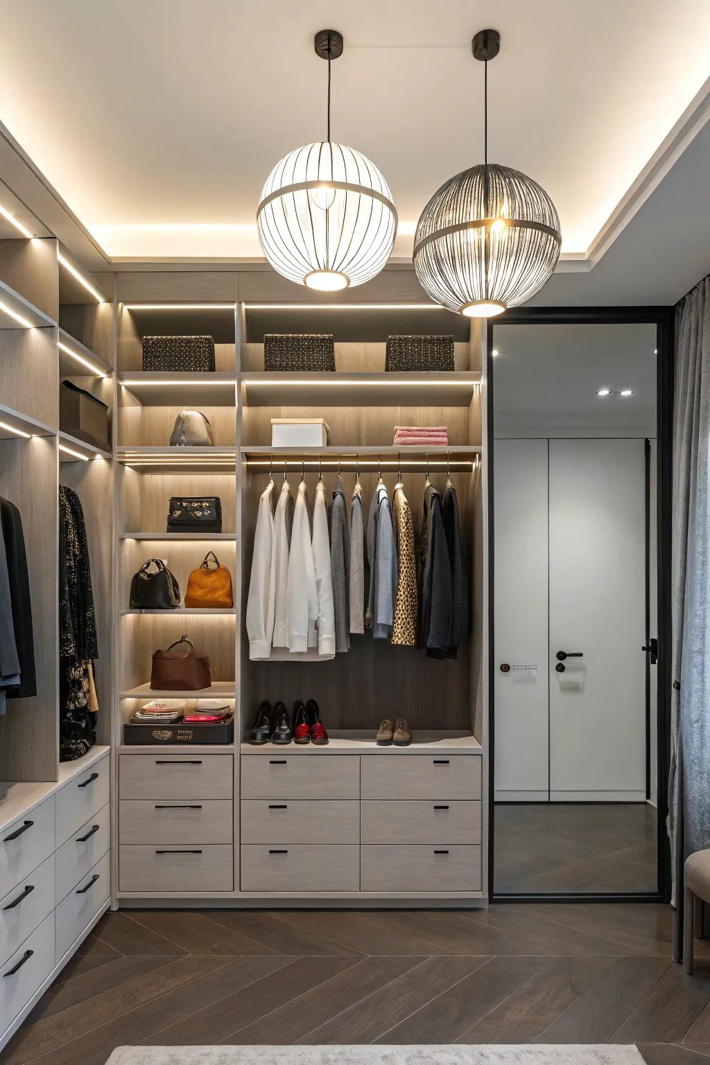 Sleek fixtures bring a modern touch to a small closet.