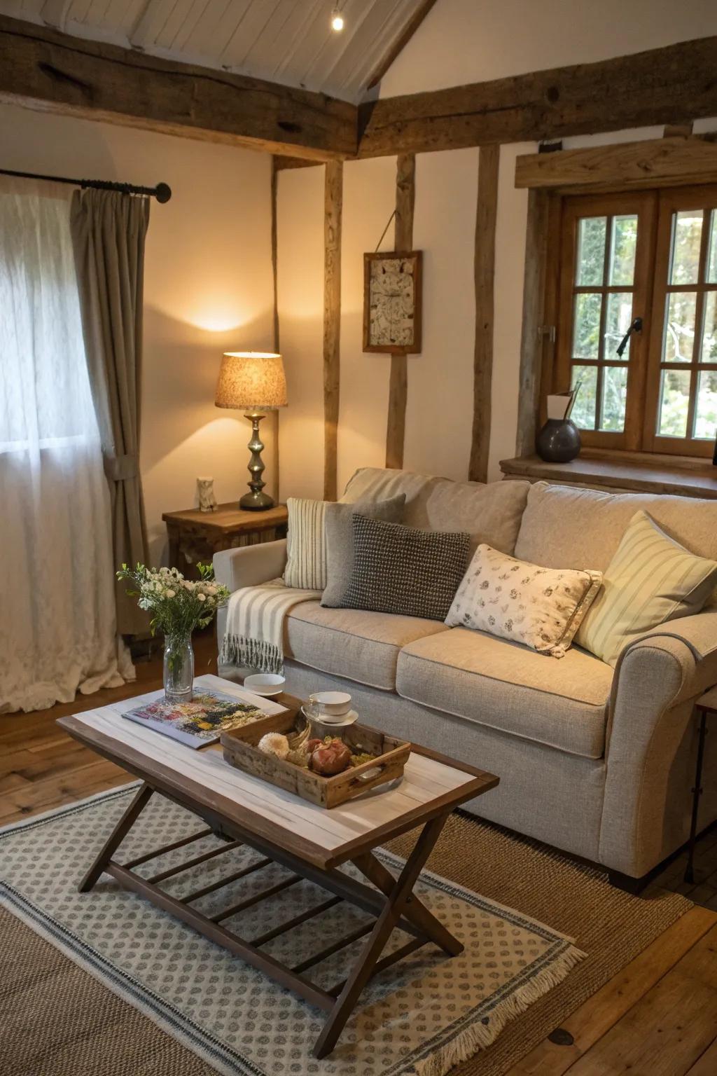 Space-efficient furnishings enhance space optimization in this cottage lounge.