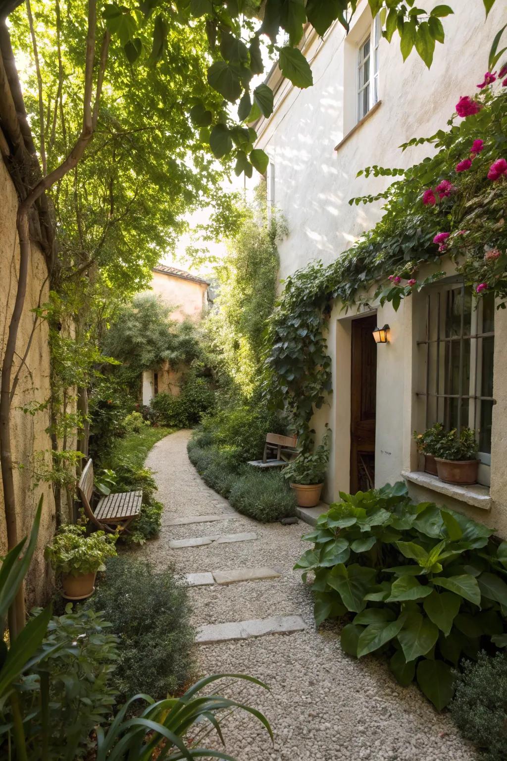 Pebble walkways contribute natural charm to courtyards.