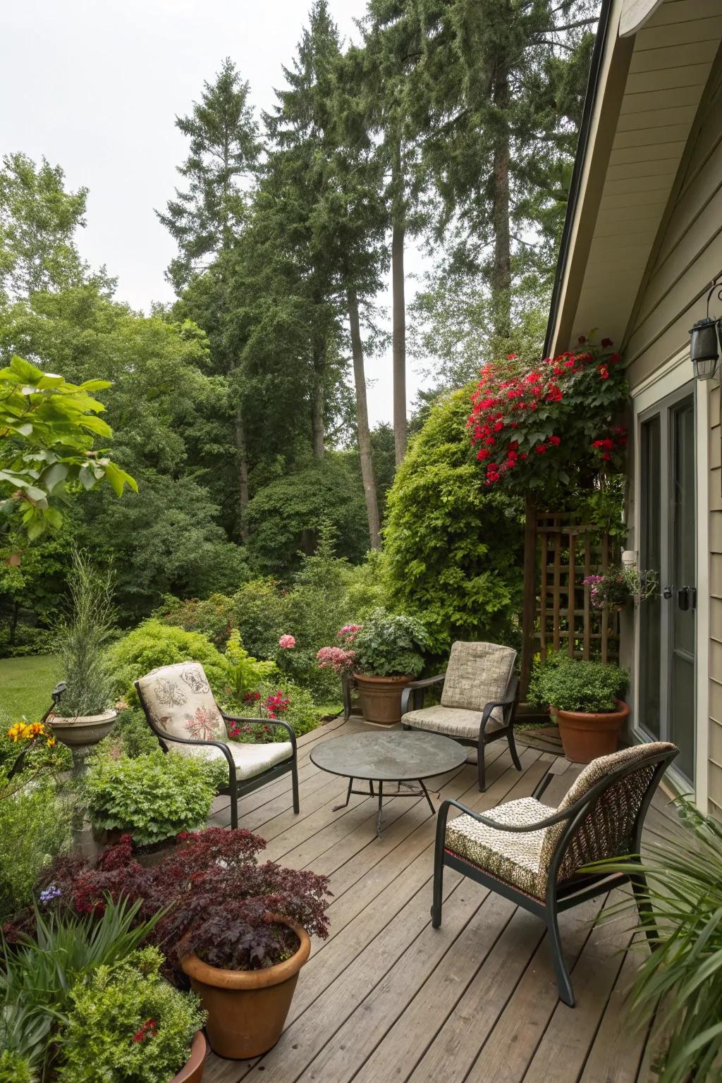 Lush greenery enlivens your deck, creating a sense of peace and vitality.