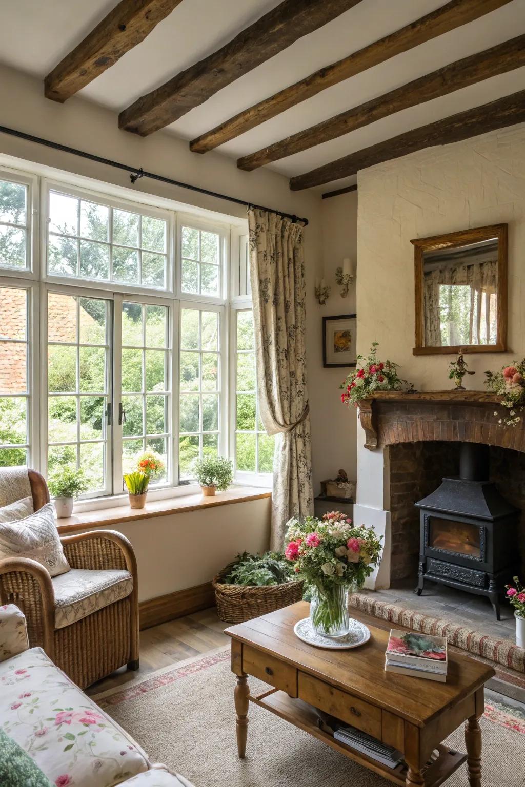 Broad windows allow sunlight to flood this cottage living space.