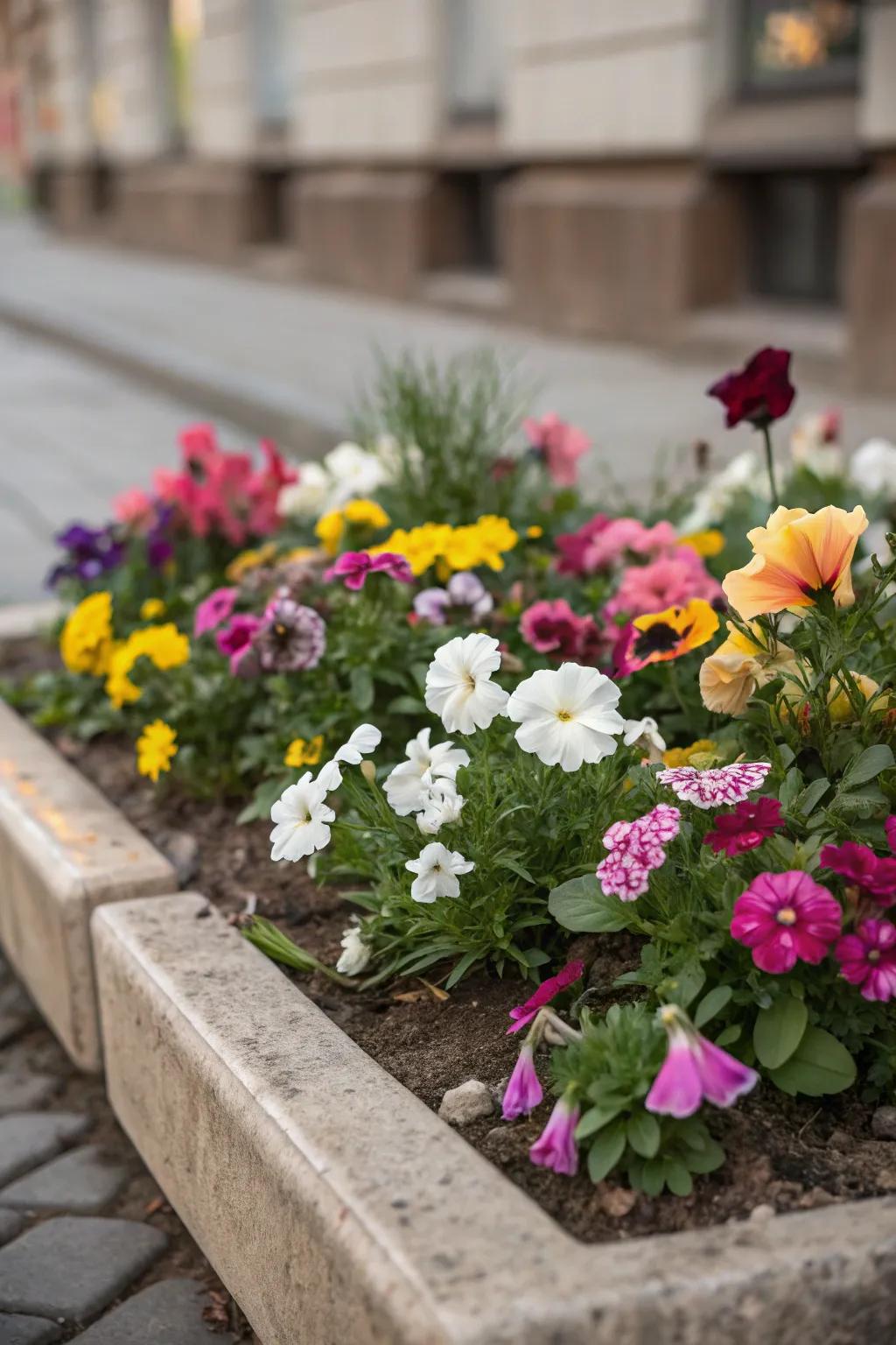 A compact flower bed overflowing with a balanced blend of vivid and understated colors.