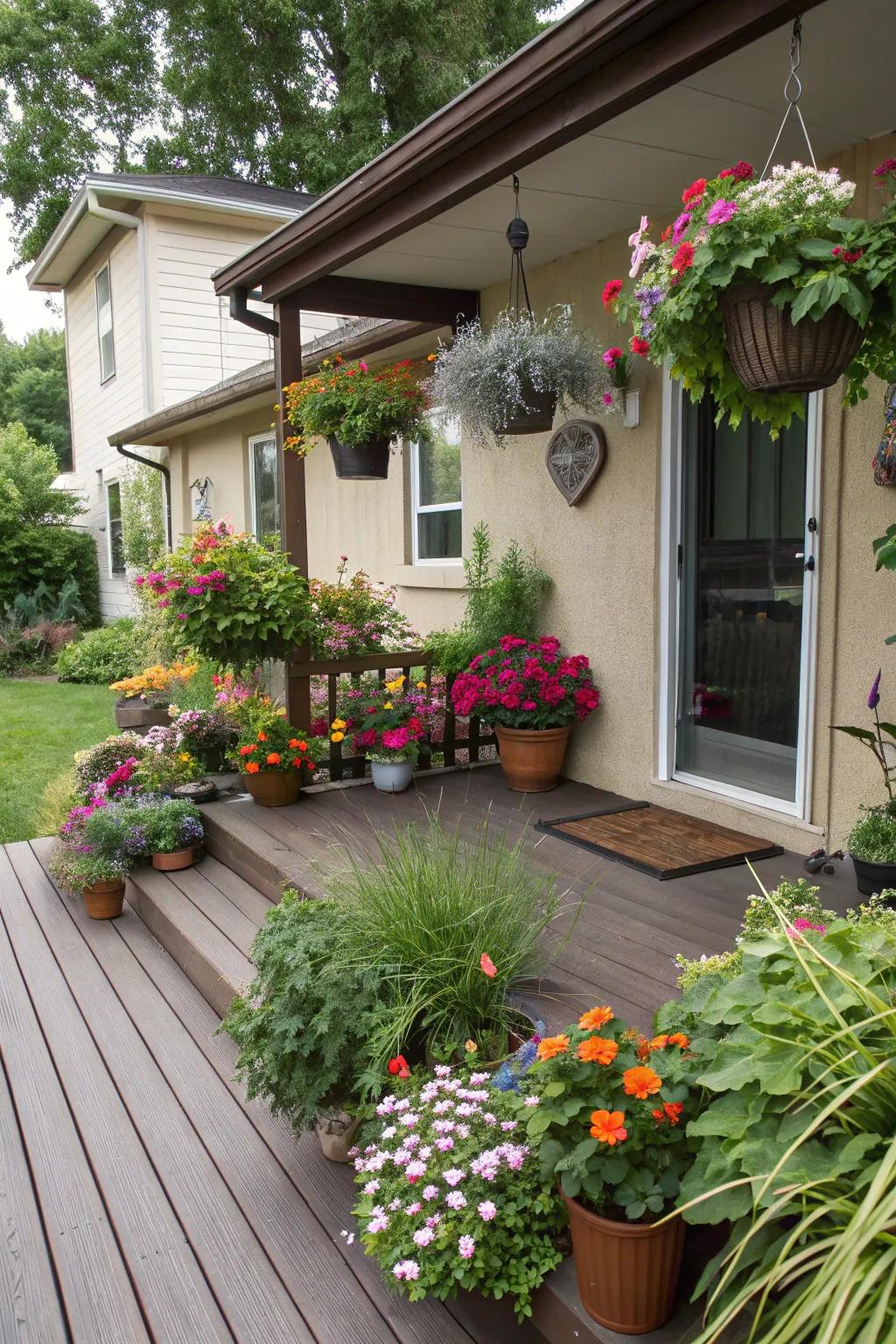 Lush greenery infuses vitality into a diminutive front deck.