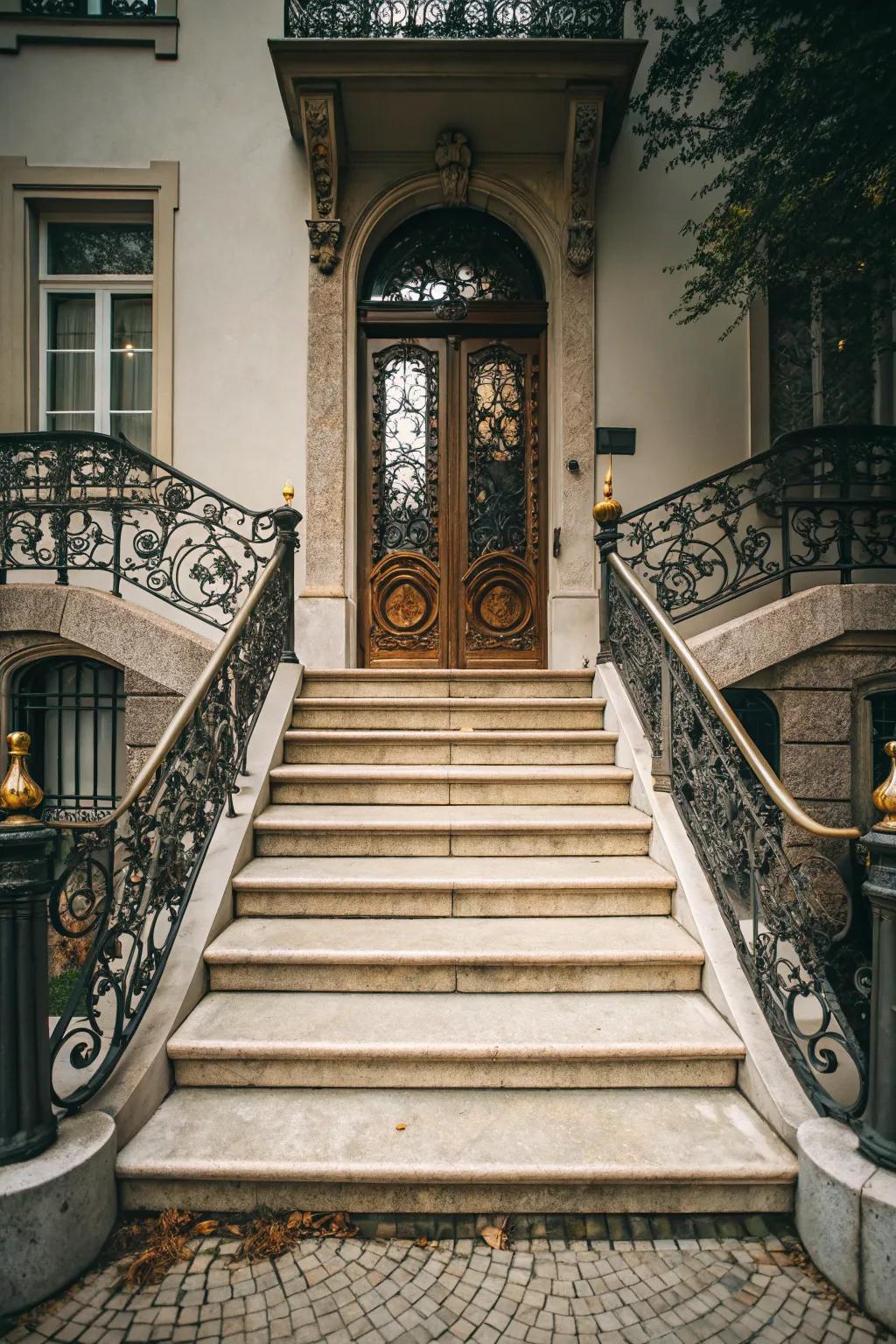 Elegant steps impart depth and style to a small entrance.
