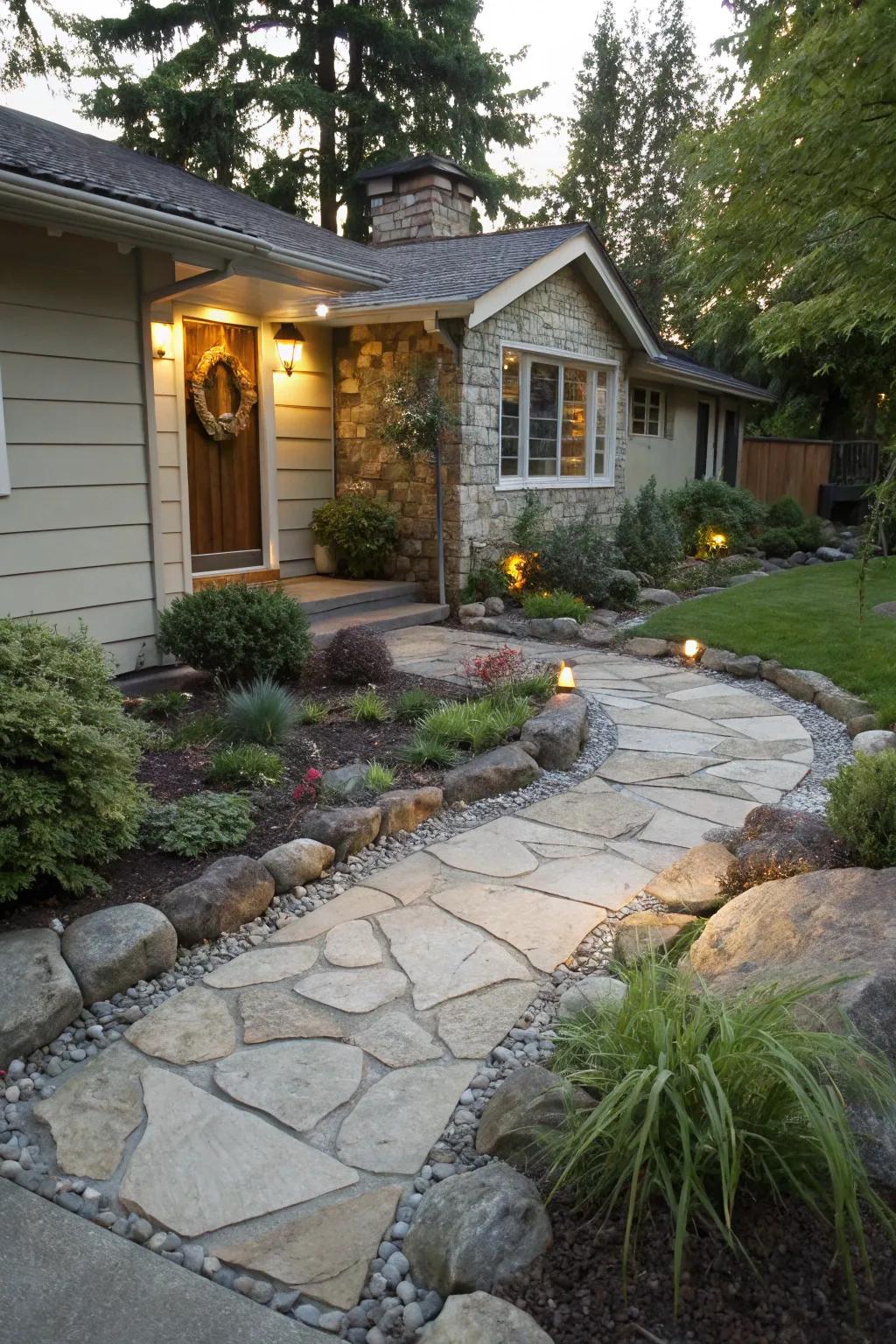 Stone walkways and rock borders add style and structure.