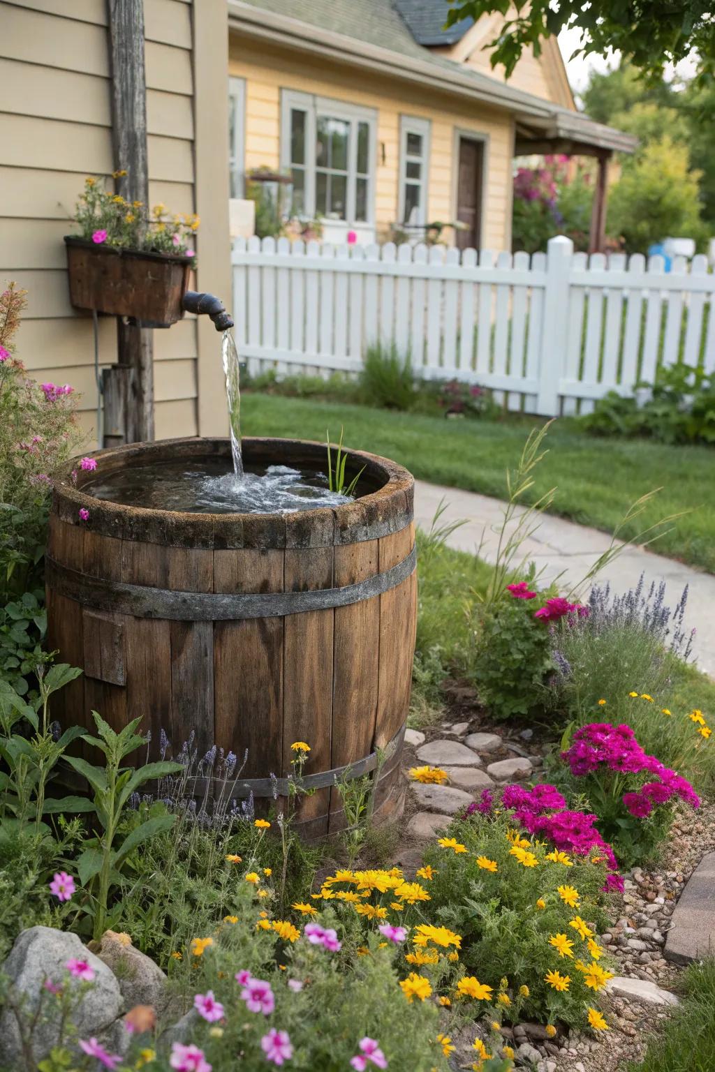 A wooden barrel fountain offers rustic charm.