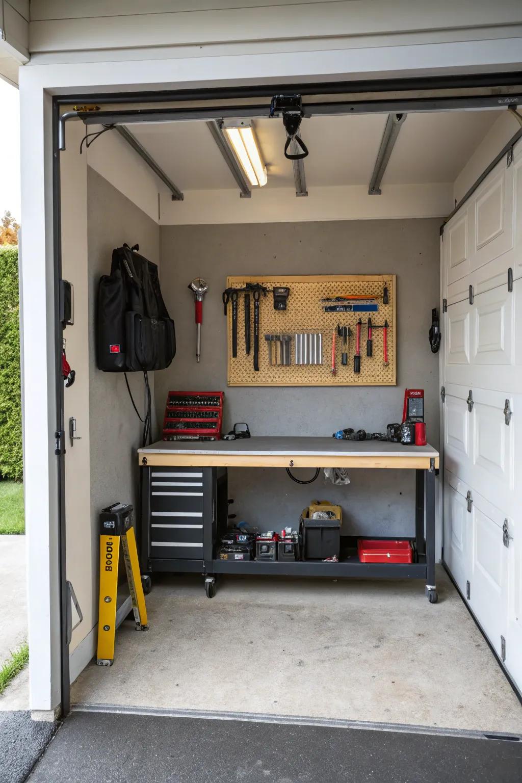 A compact workbench offers functionality and efficiency in a small space.