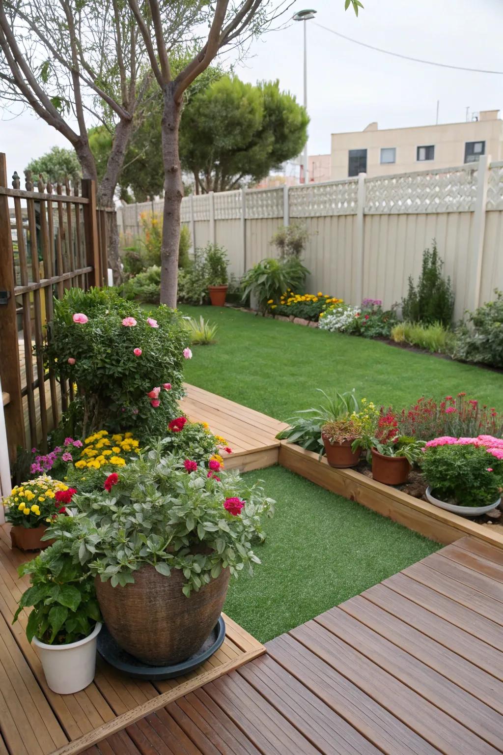 Container plants adding color and texture to a synthetic turf garden.