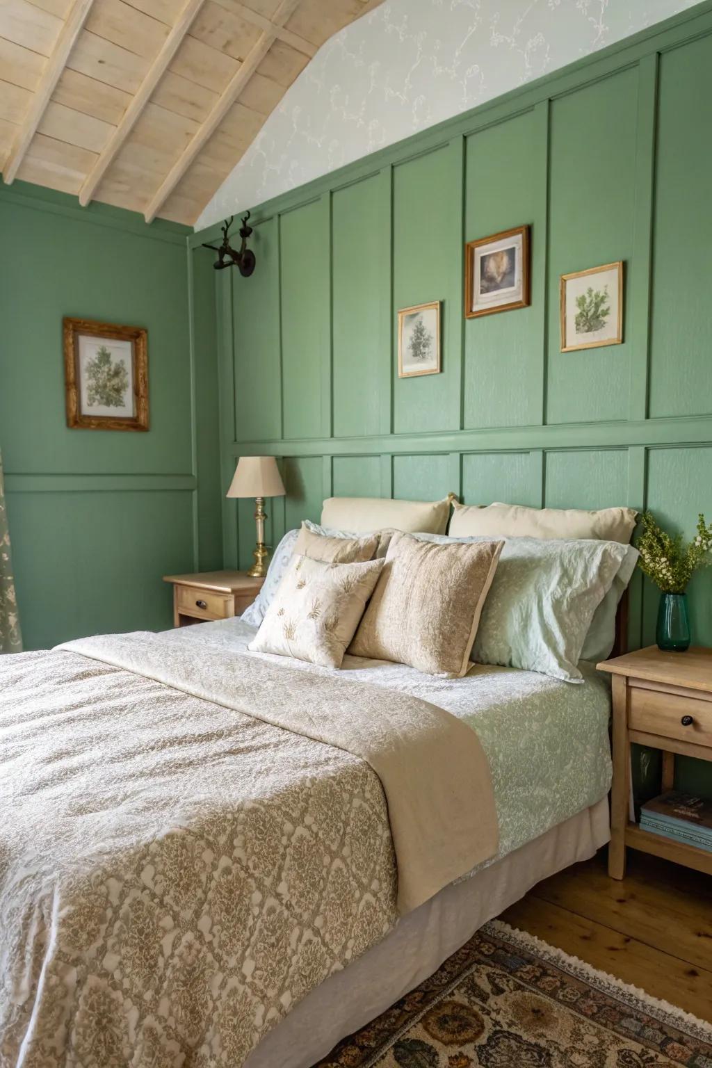 Light, neutral bedding beautifully complements verdant walls.