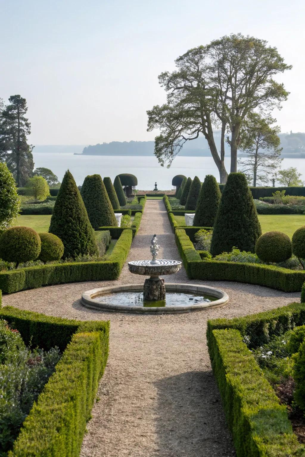 Square-cut hedges defining a refined garden vista.