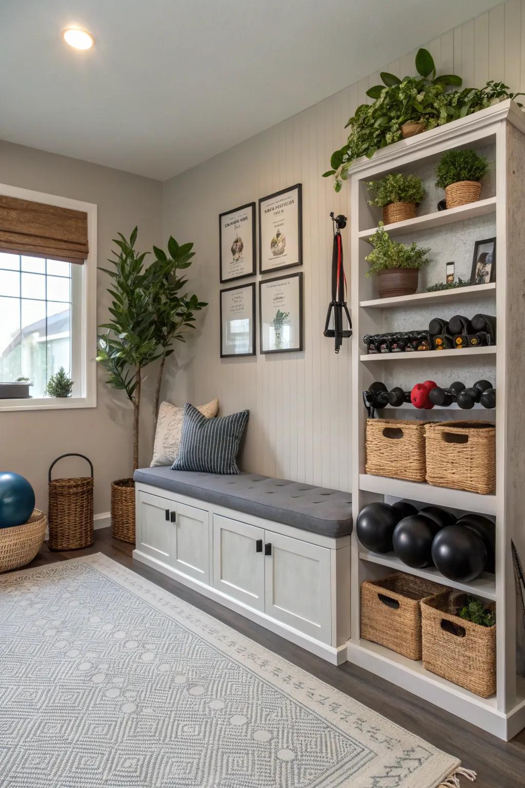 Multi-purpose furniture makes the most of space in your personal gym.