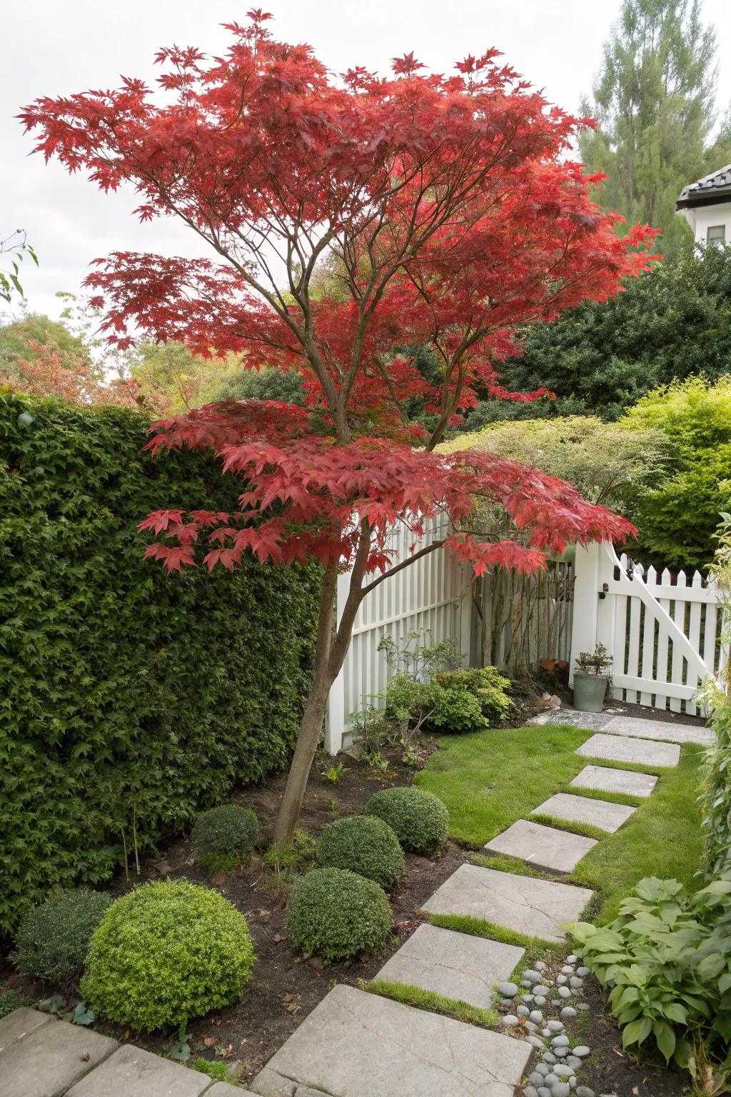 A Japanese acer tree contributing vibrant color and sophistication.