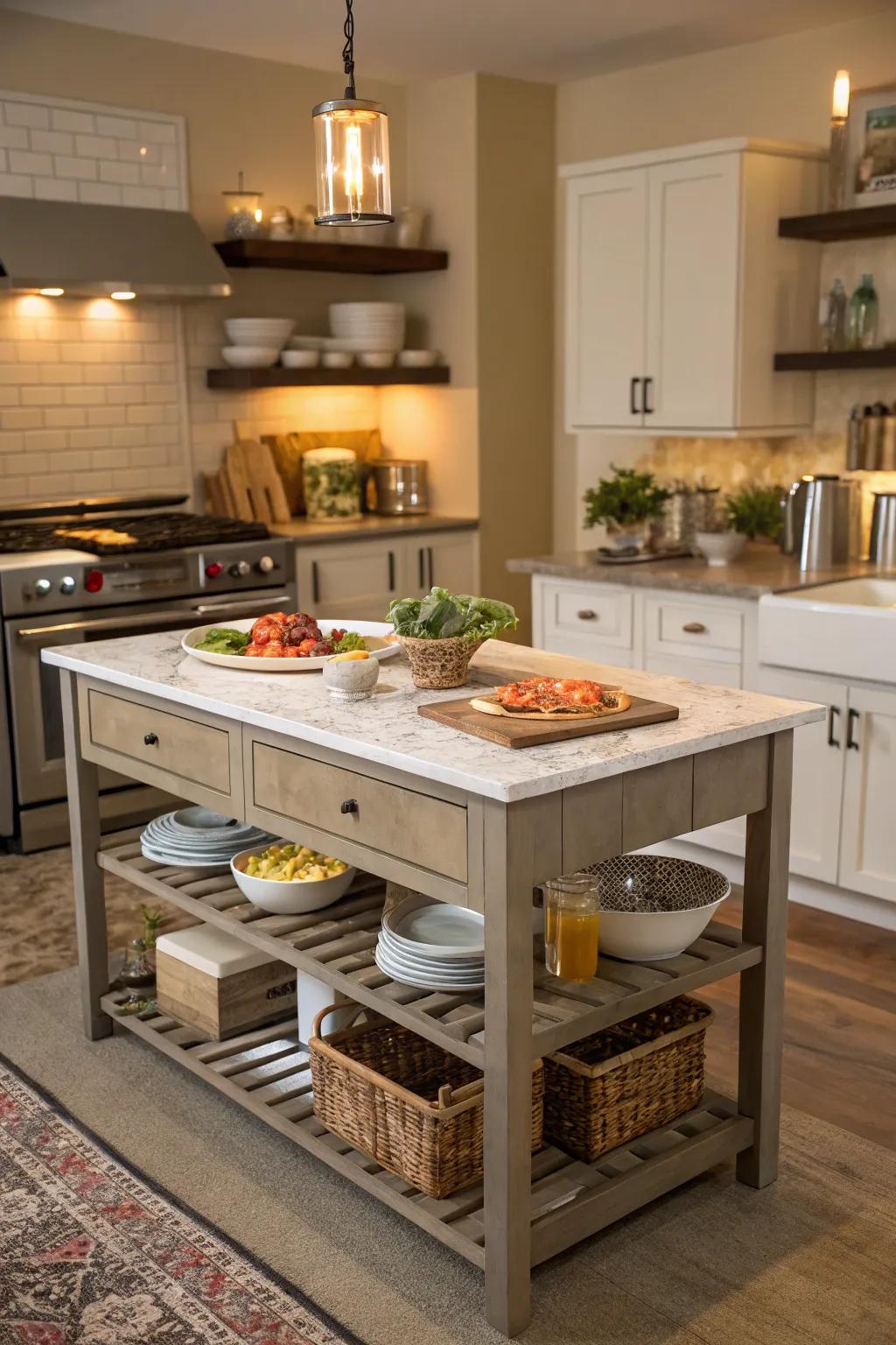 An island can serve different purposes in a compact kitchen.