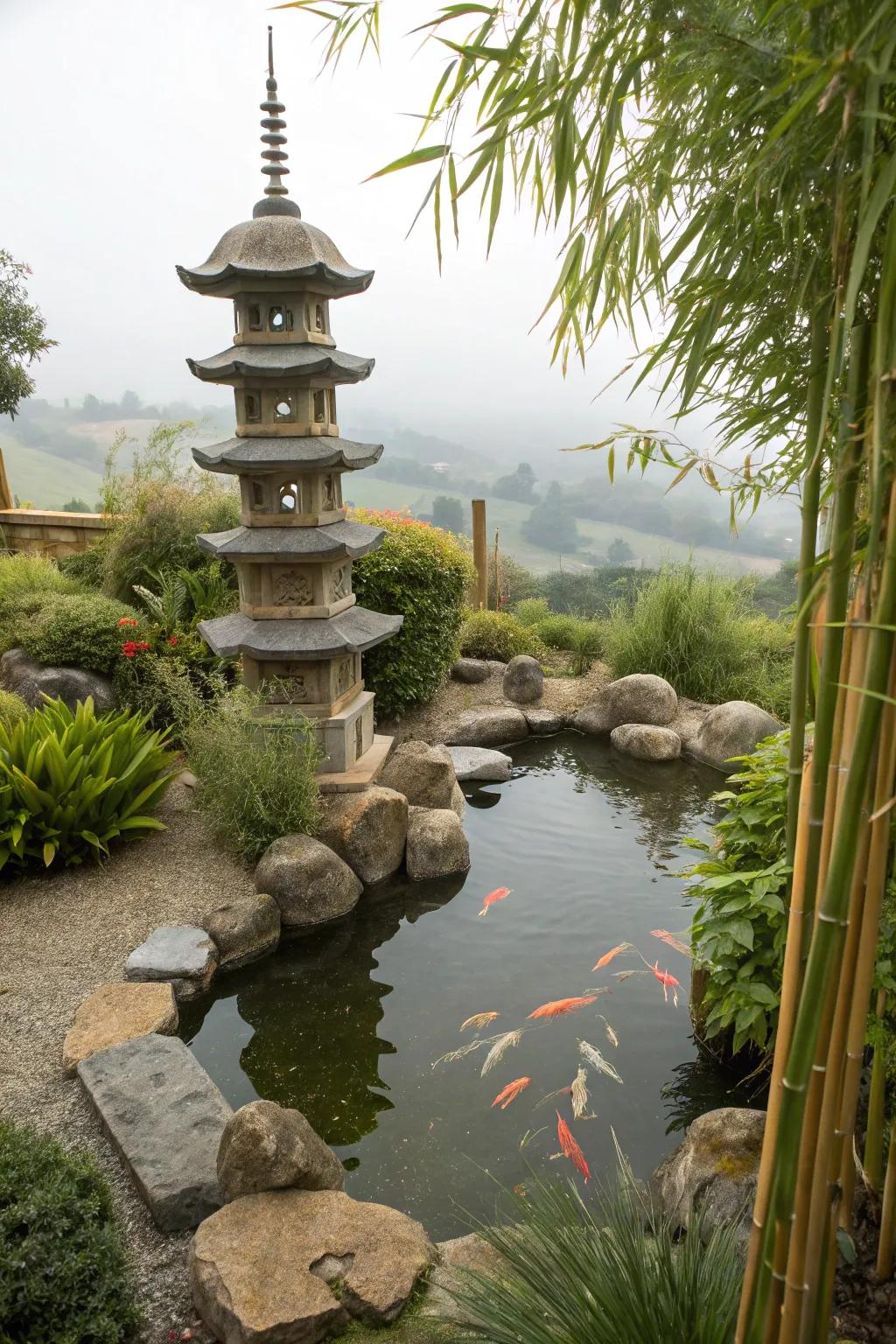 A serene Japanese-inspired fish haven featuring zen elements.