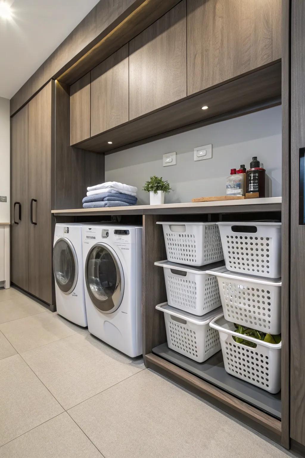 Keep your laundry tidy with retractable baskets.
