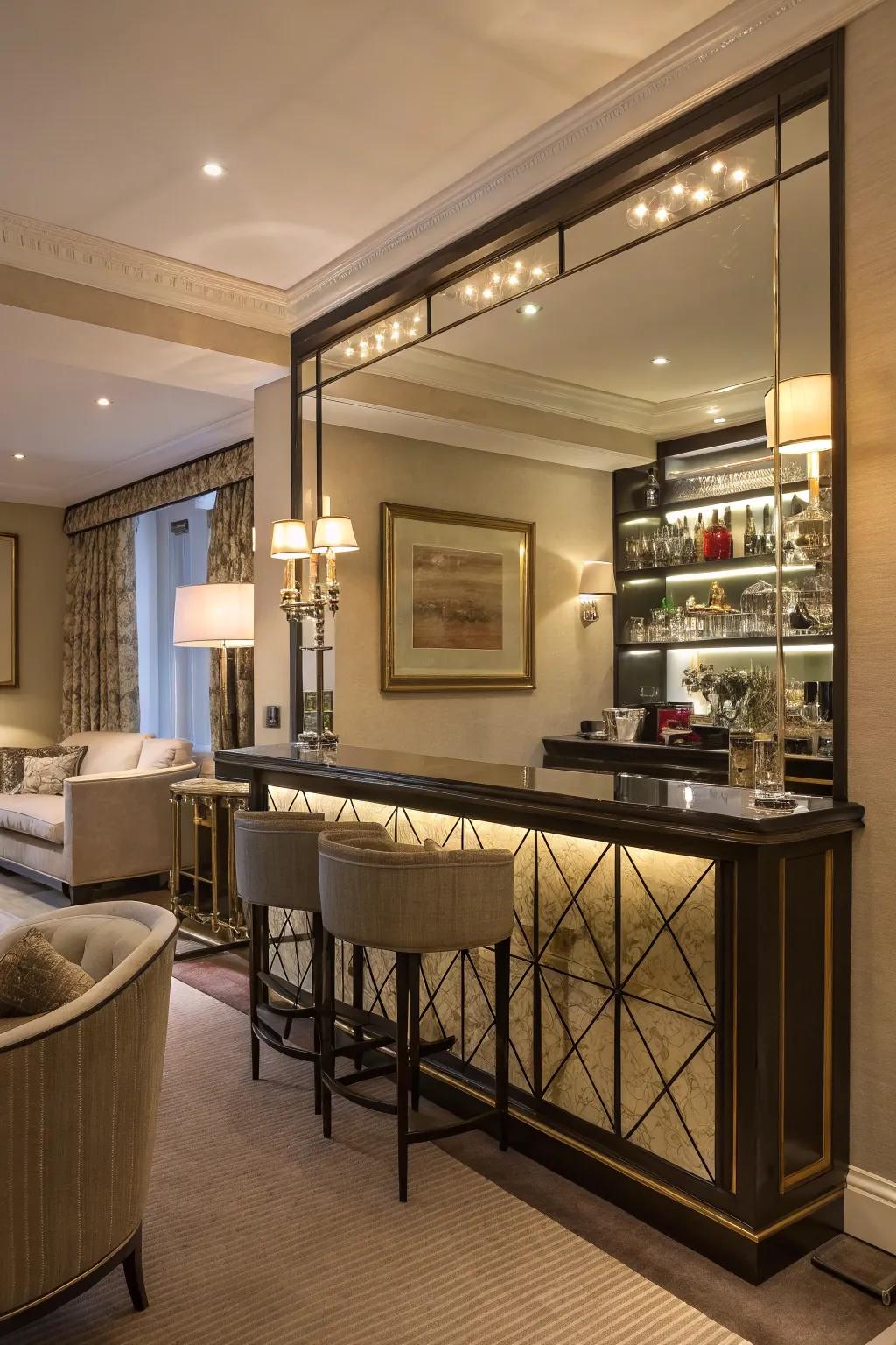 A mirrored backdrop adds depth and elegance.