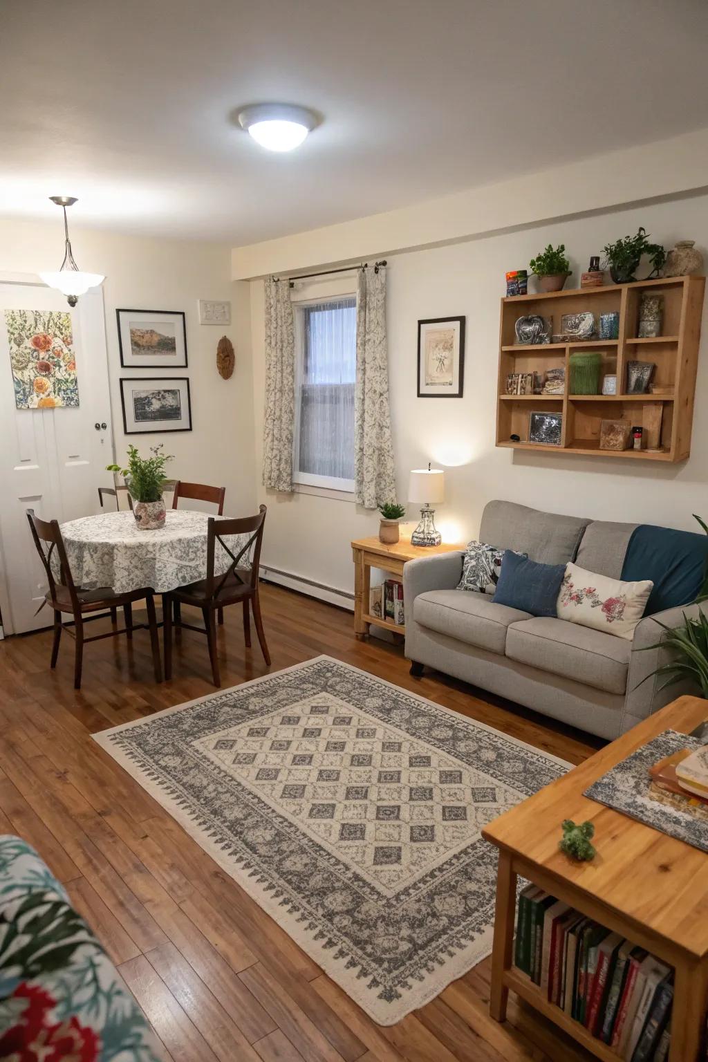 Floor covering zoning distinct areas within a small combination room.