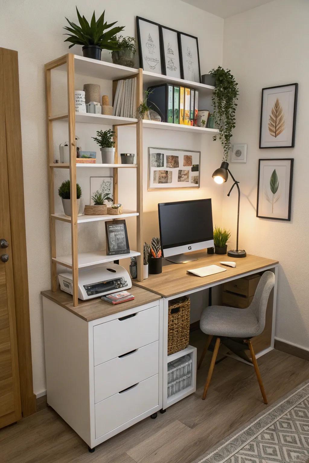 A versatile desk that merges workspace with storage capabilities.
