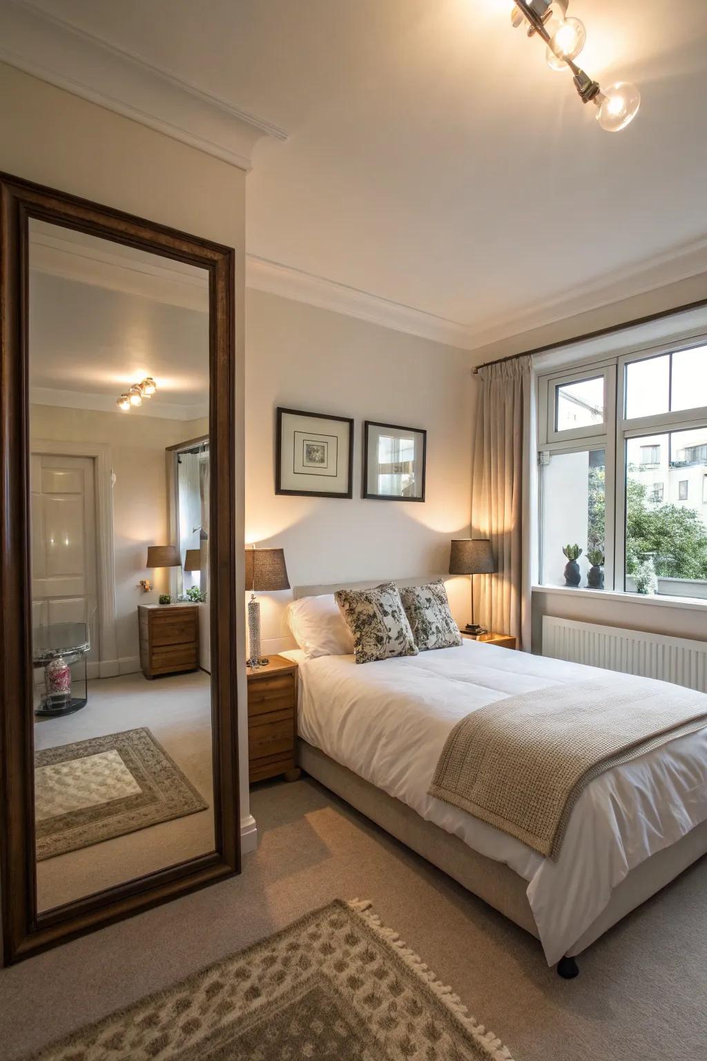 Looking glasses amplify light, making a small master bedroom appear larger.