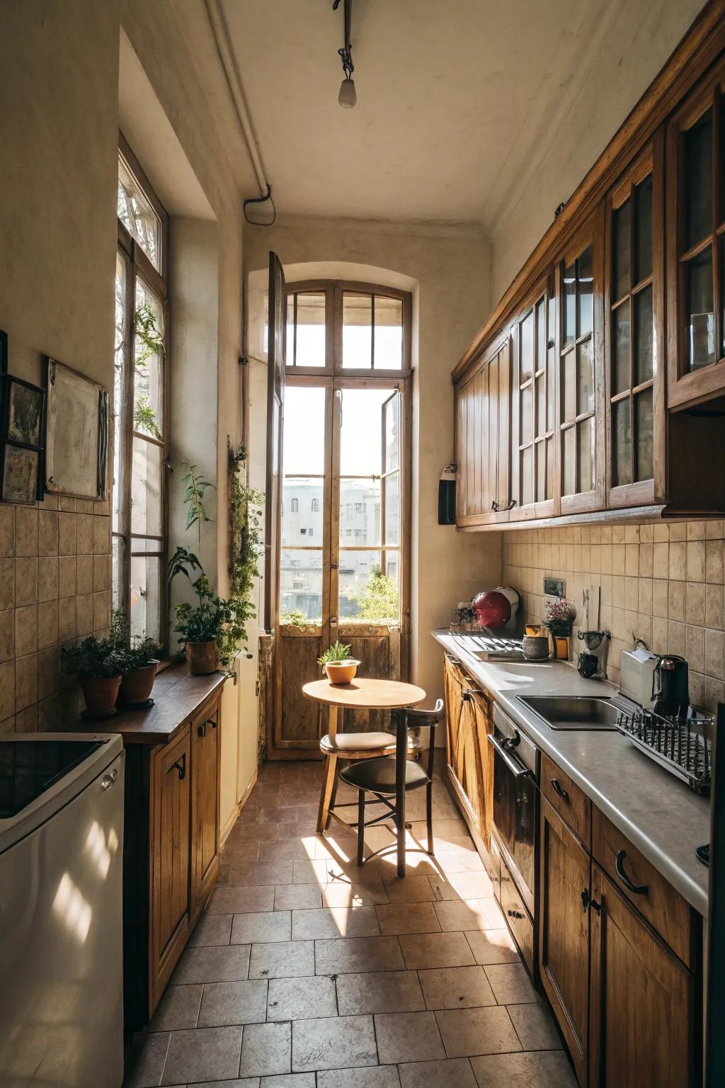 Sunlight increases the spacious feel of this small kitchen.