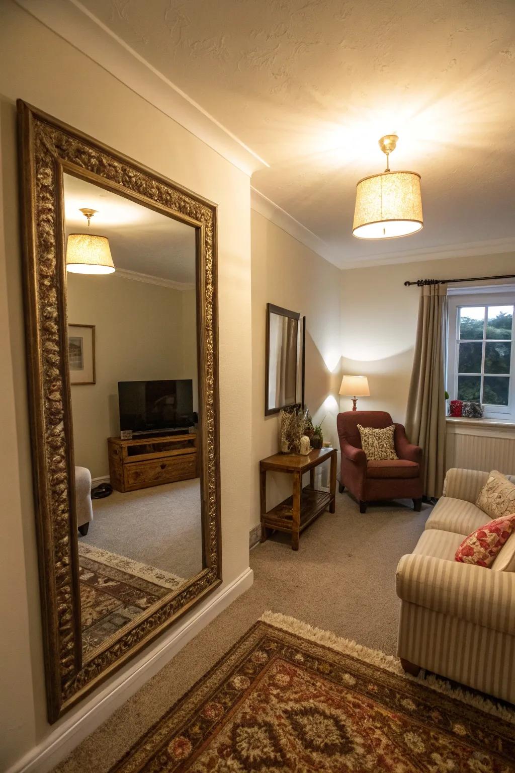 Reflective surfaces amplify illumination and establish a perception of dimension.