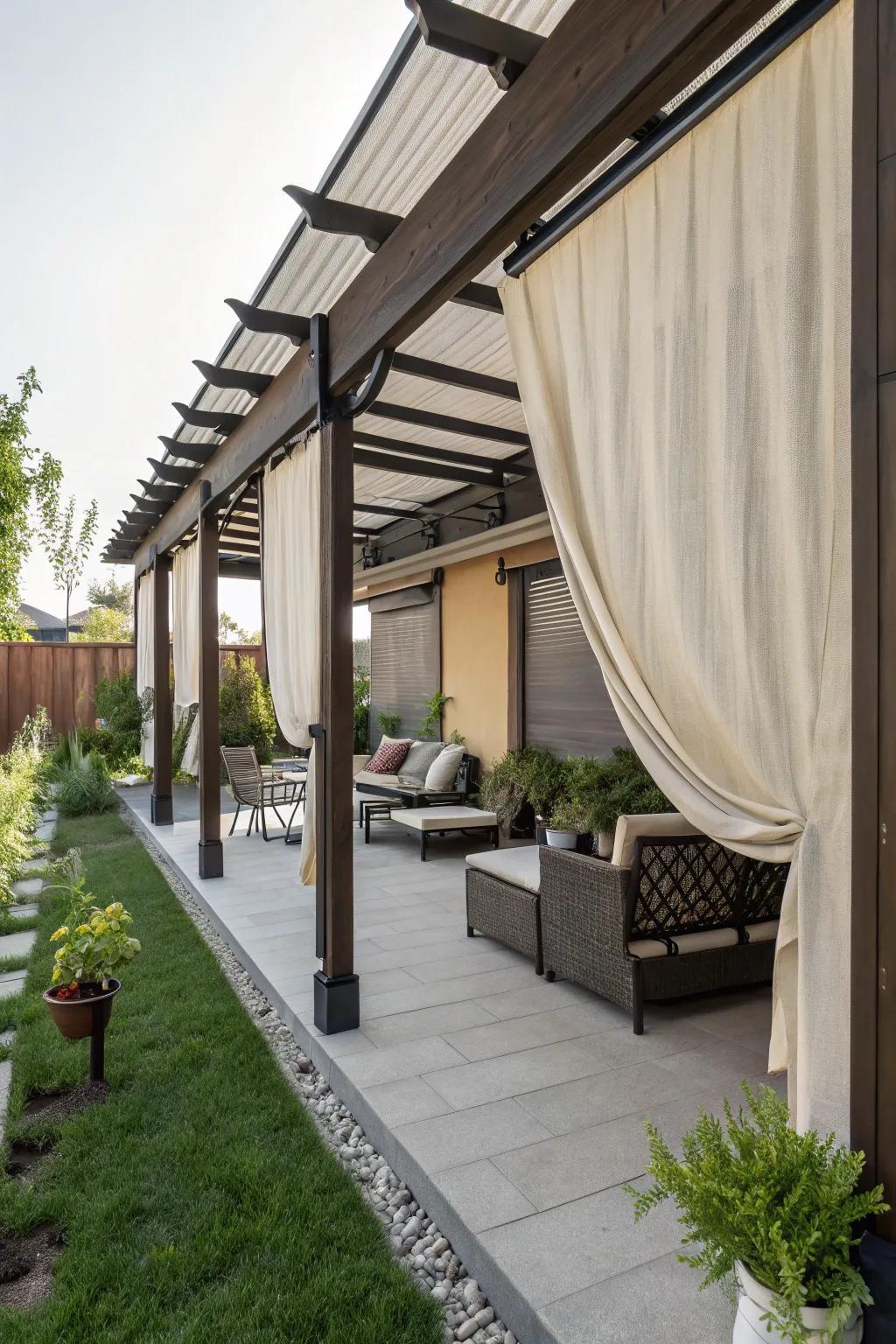 Adjustable fabric screens deliver adaptability and style to a small-sized pergola.