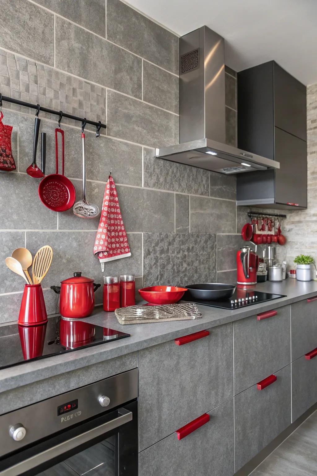 Neutral gray backsplash balancing vibrant red kitchen features.