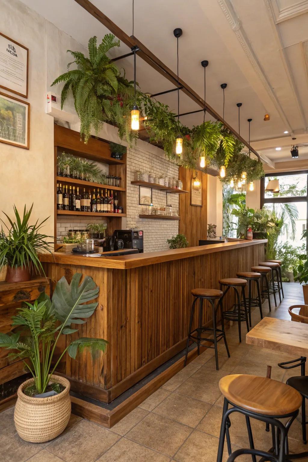 Natural elements such as wooden features and plants introduce warmth to a compact restaurant bar.