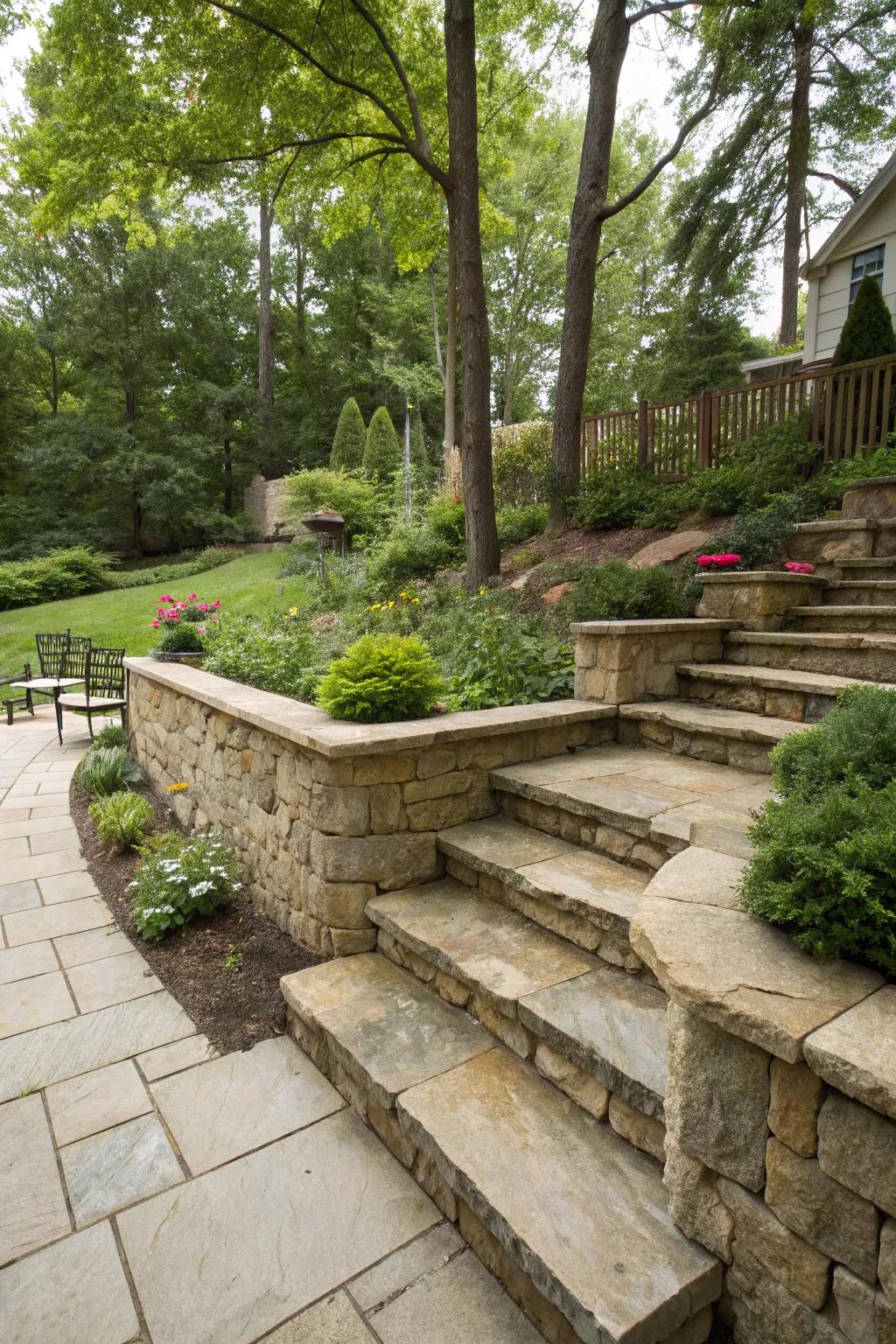 Integrated steps incorporate utility and visual appeal to retaining structures.