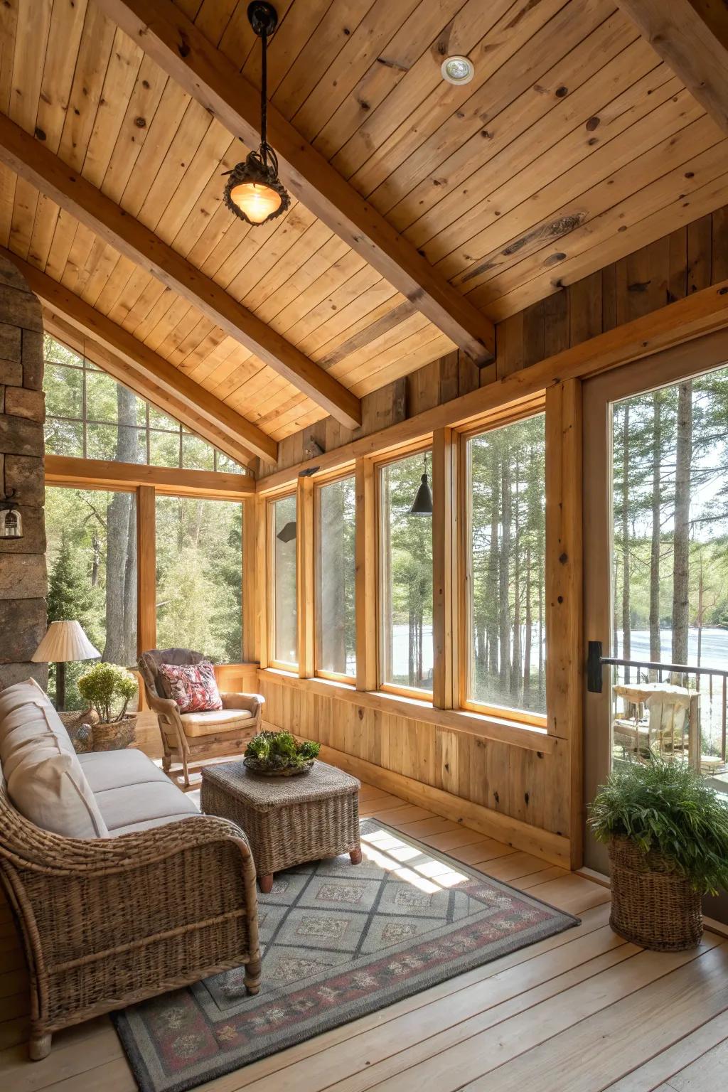 Natural wood accents establish a warm and welcoming atmosphere in a country-style sunroom.