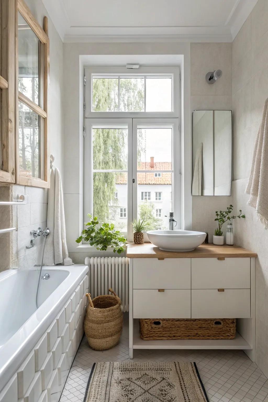 Natural light enhances the feeling of spaciousness in a small bathroom.