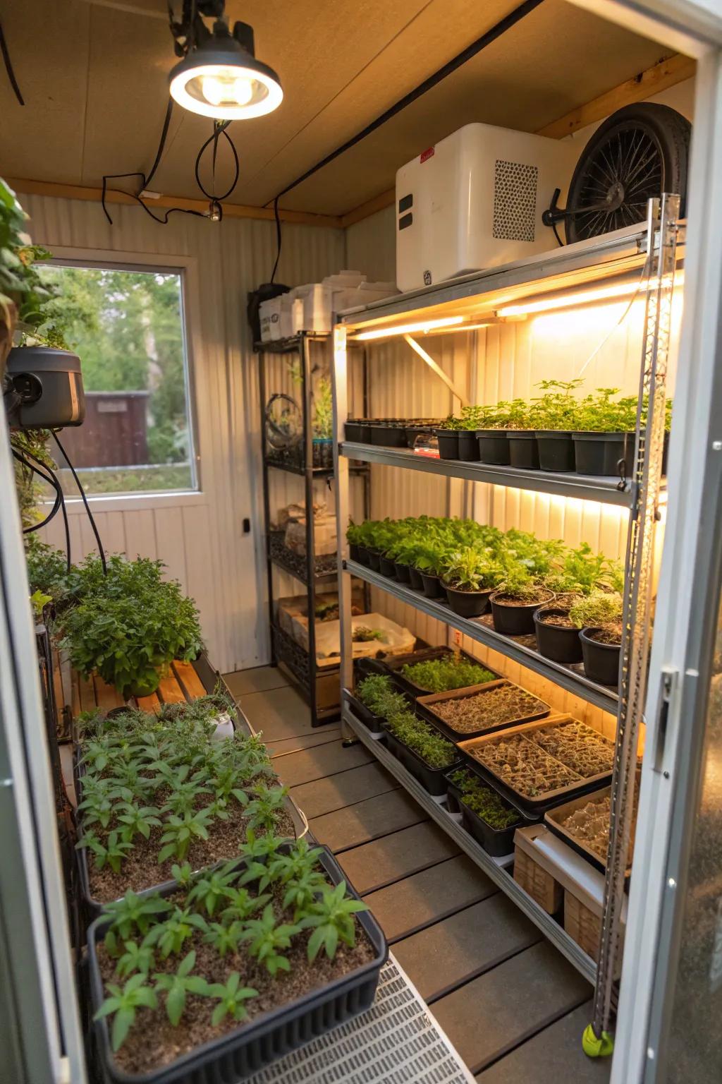 A lively miniature greenhouse housed within a small shed.