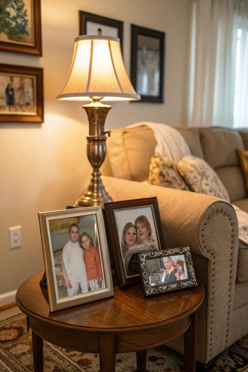 Personal photos in elegant frames displayed on a side table.